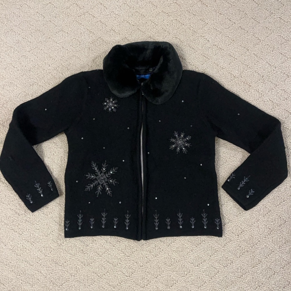 Karen Scott 100% wool  Black Bomber Jacket with snowflake